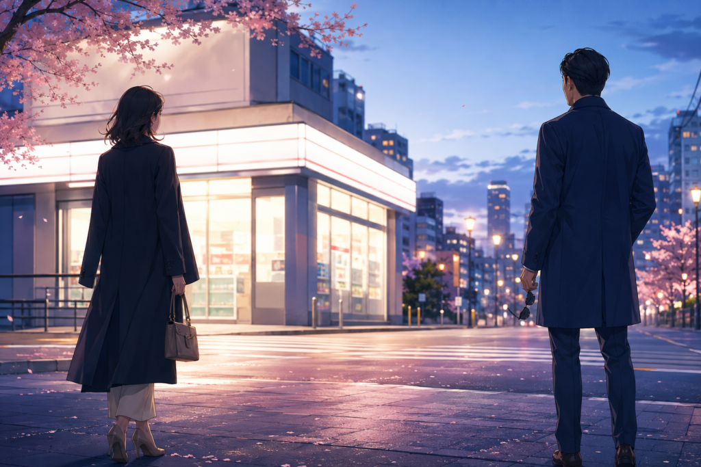 春の夕暮れに待ち合わせ場所へ向かう男女のイラスト
