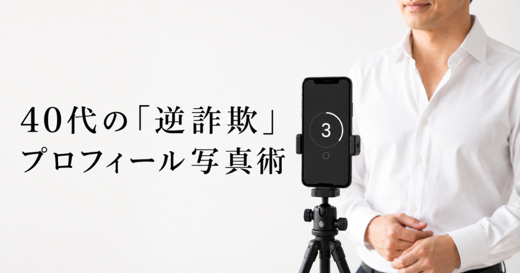 白背景で撮影する40代男性の逆詐欺プロフィール写真術