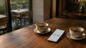 カフェのテーブルに置かれた2つのコーヒーカップとスマートフォン