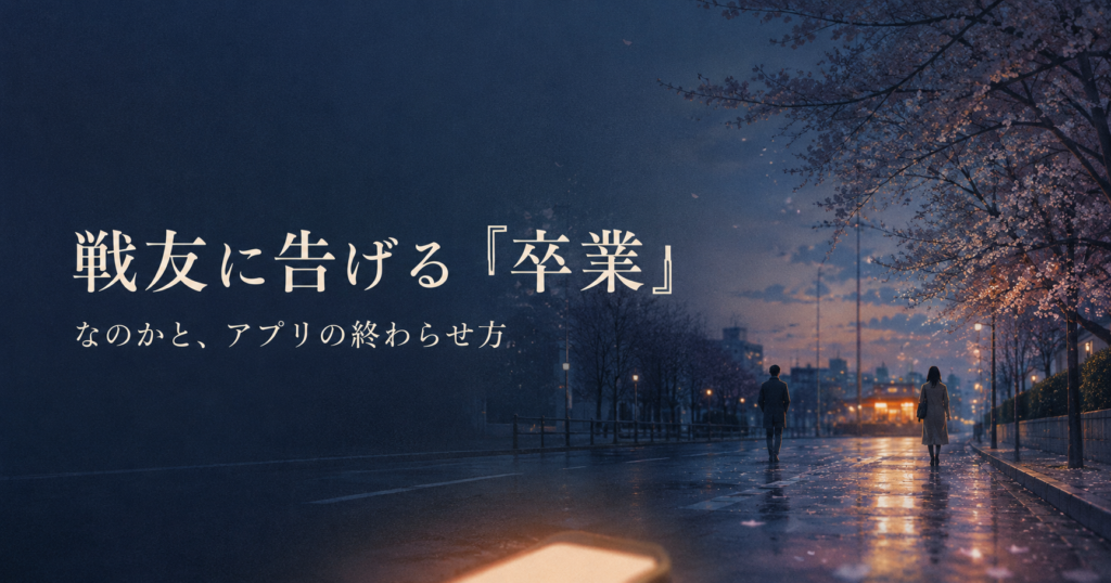 春の夜道を別々の方向へ歩く男女と「戦友に告げる卒業」の文字