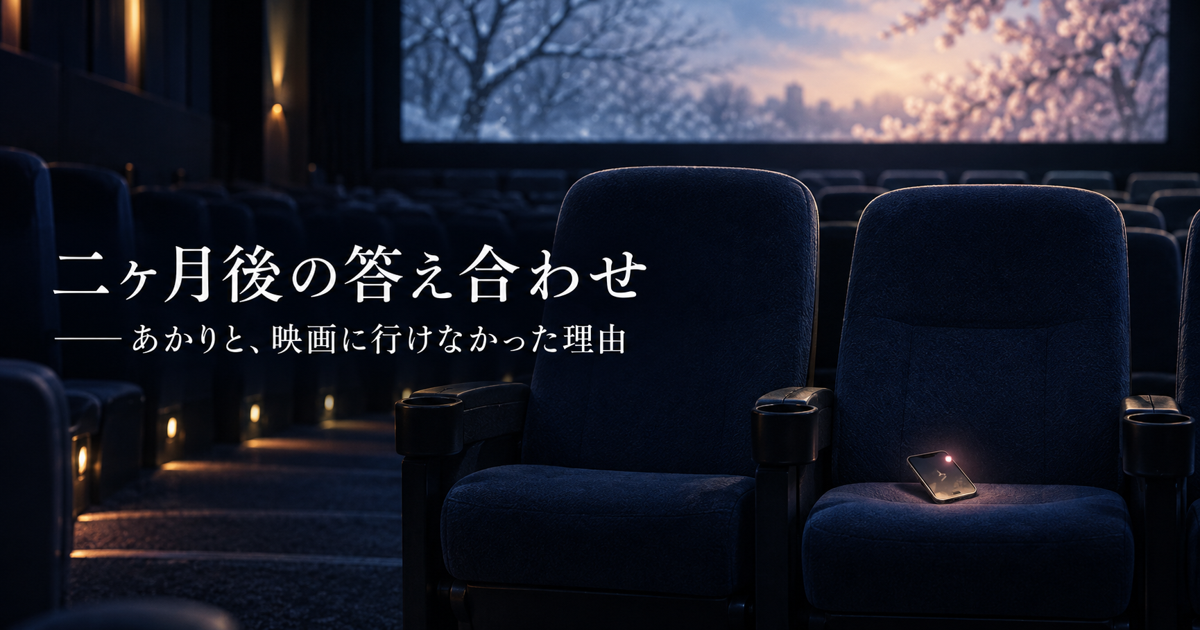 映画館の空席とスマートフォンに「二ヶ月後の答え合わせ」と書かれたアイキャッチ画像