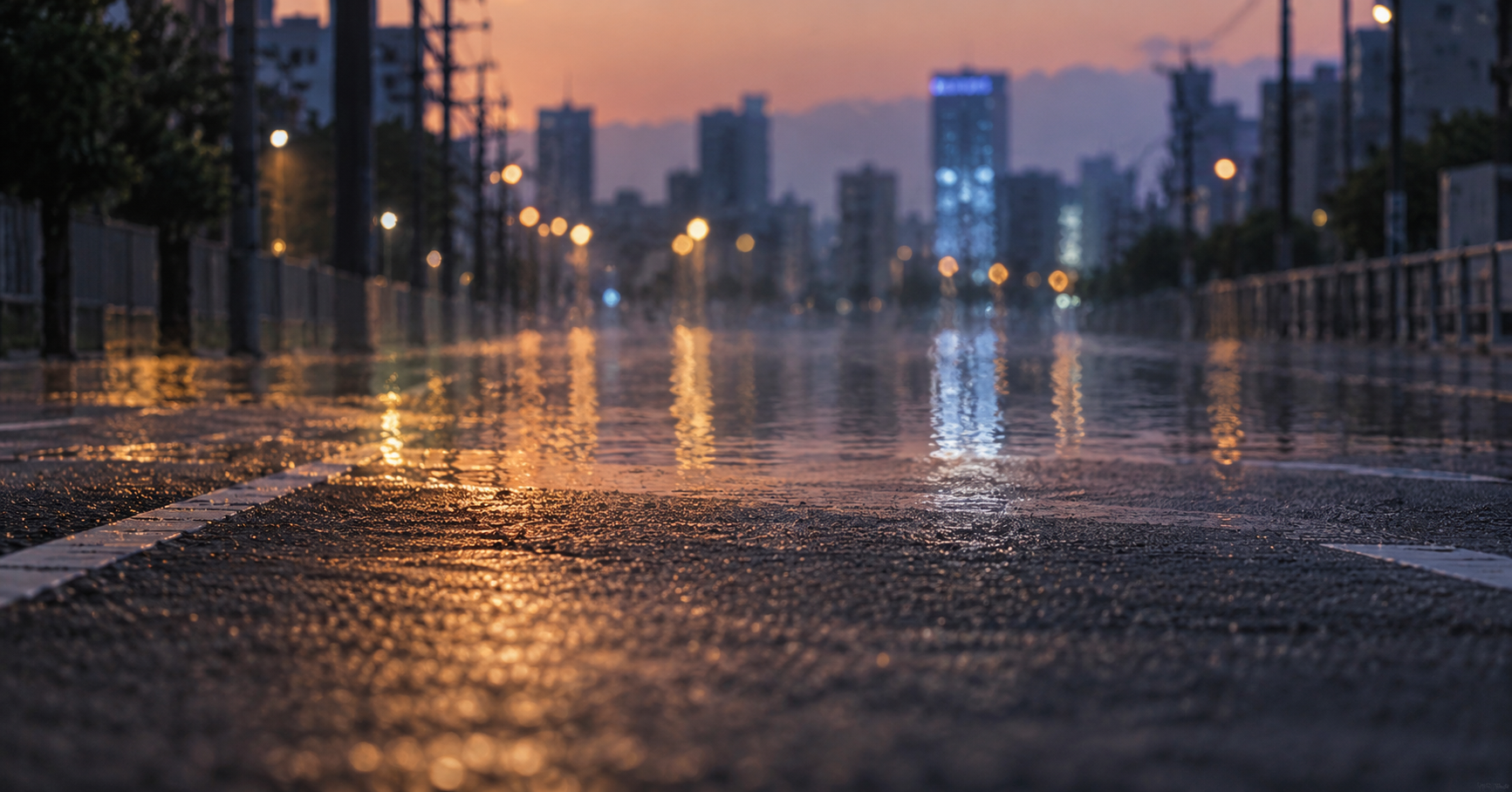 夏の夕暮れ、蜃気楼のように街明かりが揺らぐ無人の道路