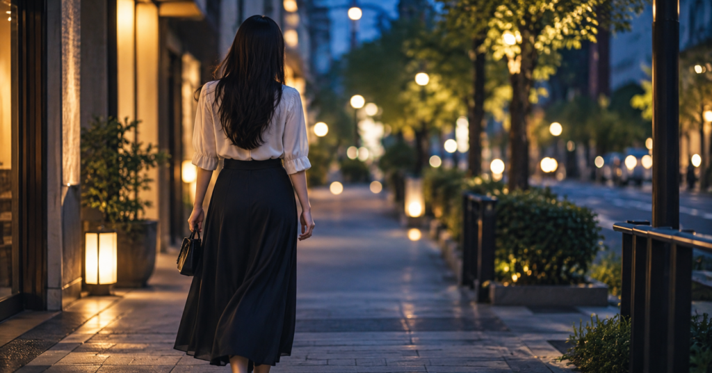夏の夜の街を歩く、長い黒髪の女性の後ろ姿