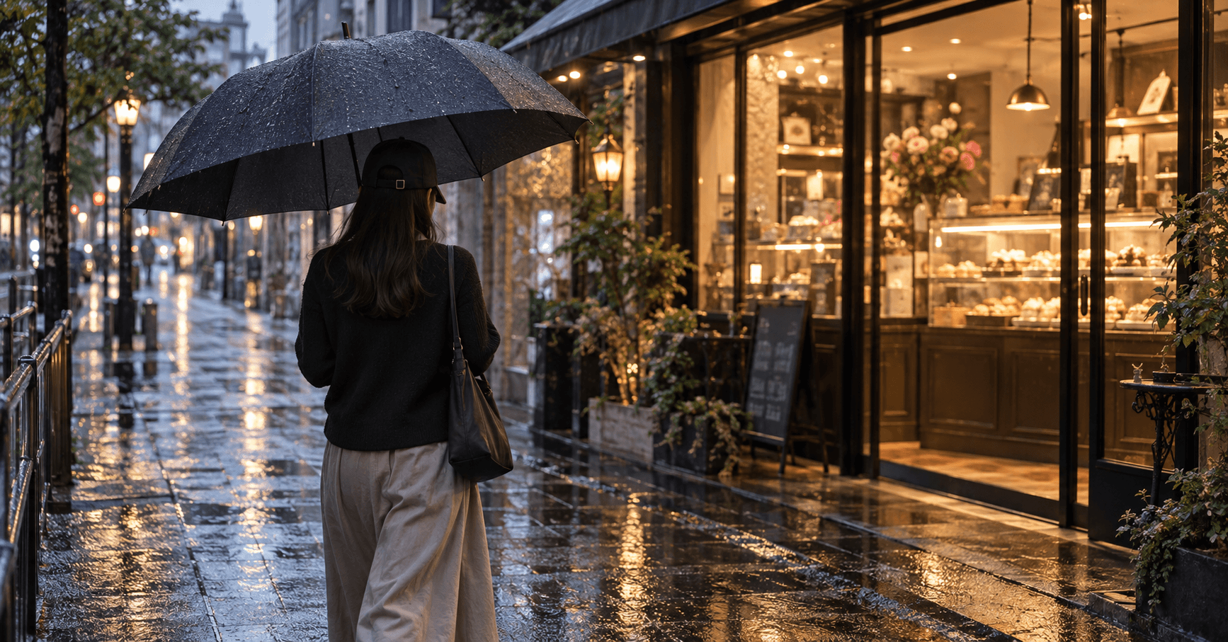 雨の街で大きな傘を差す、黒いキャップの女性の後ろ姿