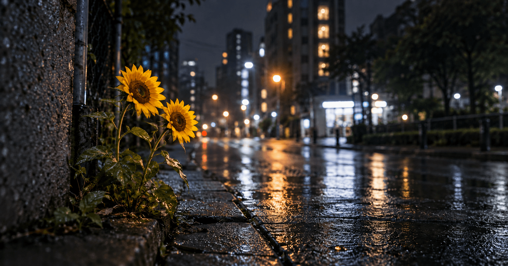 雨上がりの夜の街に寄り添って咲く二輪のひまわり