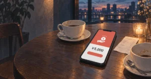 カフェのテーブルに置かれたスマートフォンに5000円の送金リクエストが表示されたイメージ
