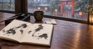 雨の神社を背景に御朱印帳と筆が置かれた静かな室内
