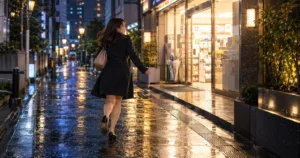 patersで出会った女性が雨上がりの夜の街をスキップする後ろ姿